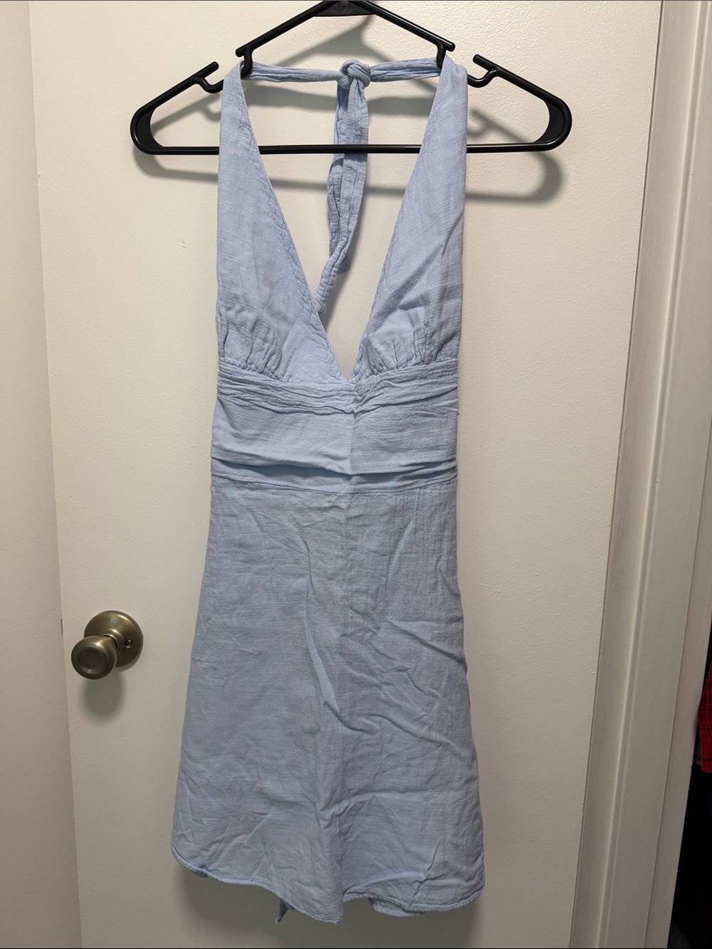 Light Blue Halter Mini Dress - Sleeveless V-Neck